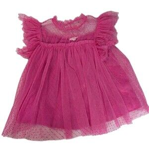 NWOT Entro Hot Pink Swiss Dot Tulle Ruffle Babydoll Top Sheer Mesh Small